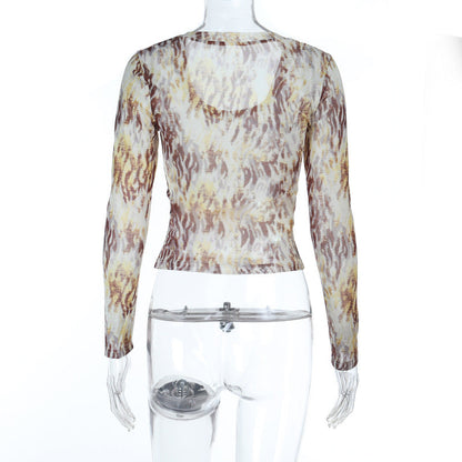 Print u neck long sleeve contrast top  | Festival Outfits Women