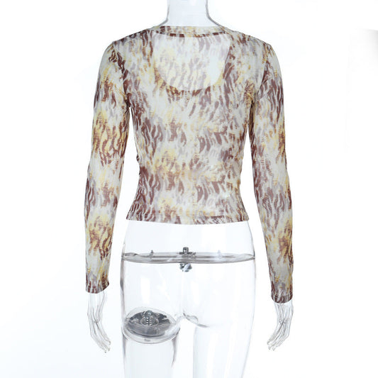Print u neck long sleeve contrast top  | Festival Outfits Women
