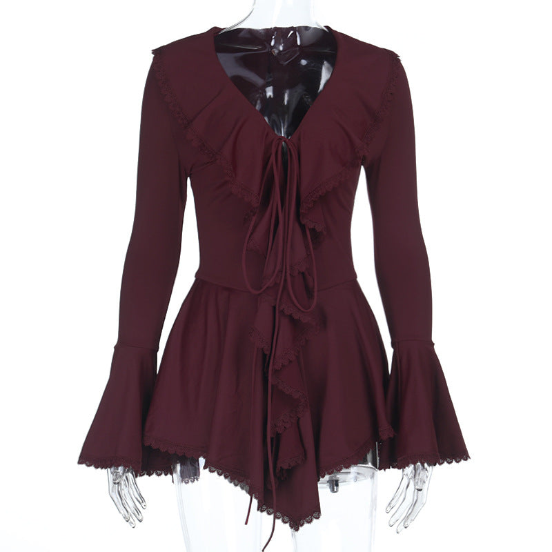 Long flared sleeve ruffle v neck self tie mini dress  | Festival Outfits Women