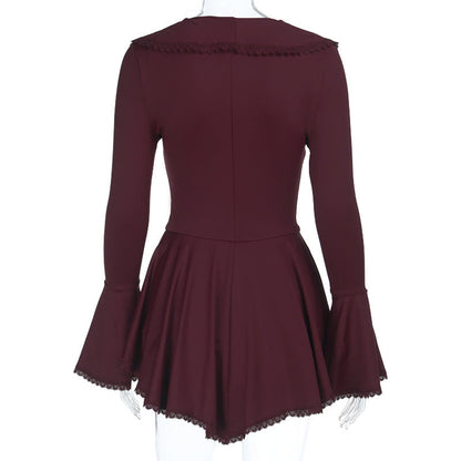 Long flared sleeve ruffle v neck self tie mini dress  | Festival Outfits Women