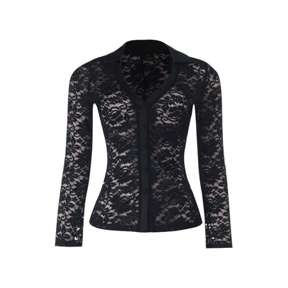 Lace long sleeve v neck button see through top  | Festival Outfits Women