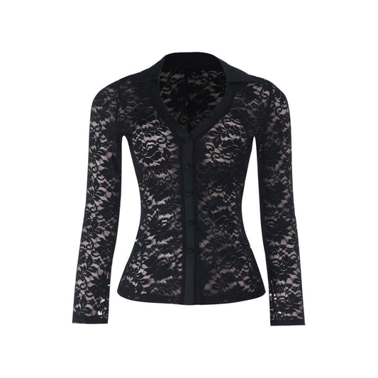 Lace long sleeve v neck button see through top  | Festival Outfits Women