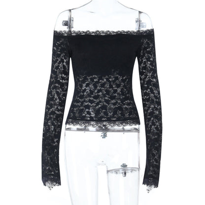 Long sleeve off shoulder lace solid top  | Festival Outfits Women