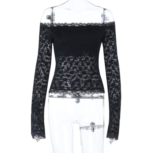 Long sleeve off shoulder lace solid top  | Festival Outfits Women