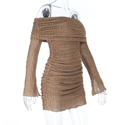 Textured long sleeve off shoulder hollow out cut out mini dress  | Festival Outfits Women