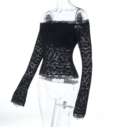 Long sleeve off shoulder lace solid top  | Festival Outfits Women