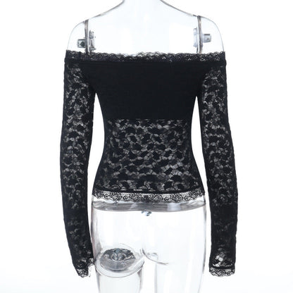 Long sleeve off shoulder lace solid top  | Festival Outfits Women