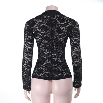 Lace long sleeve v neck button see through top  | Festival Outfits Women
