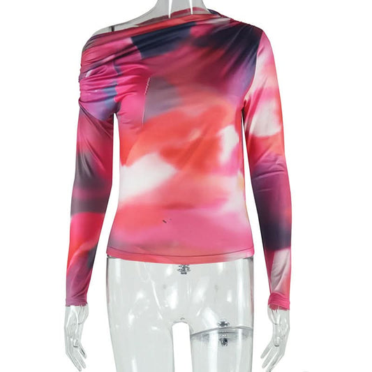 Long sleeve print irregular one shoulder top  | Festival Outfits Women