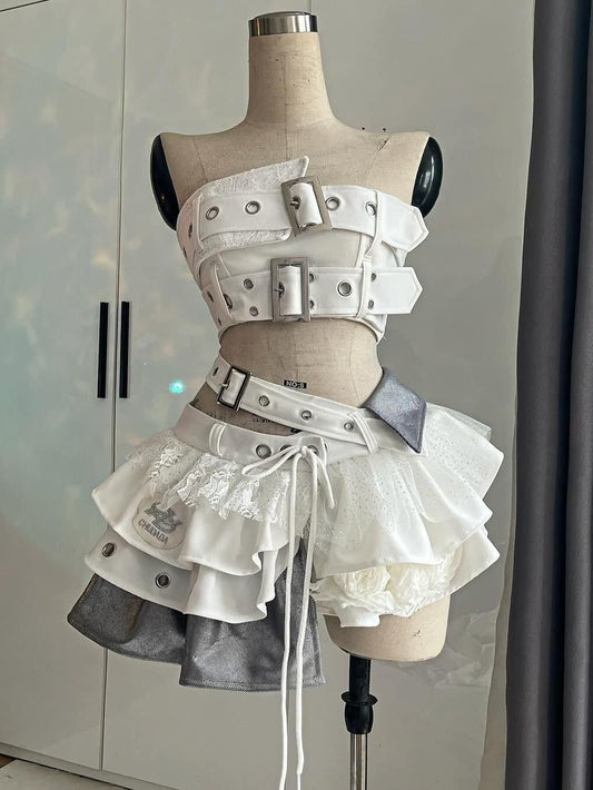 Irregular buckle patchwork lace mini skirt set  | Festival Outfits Women