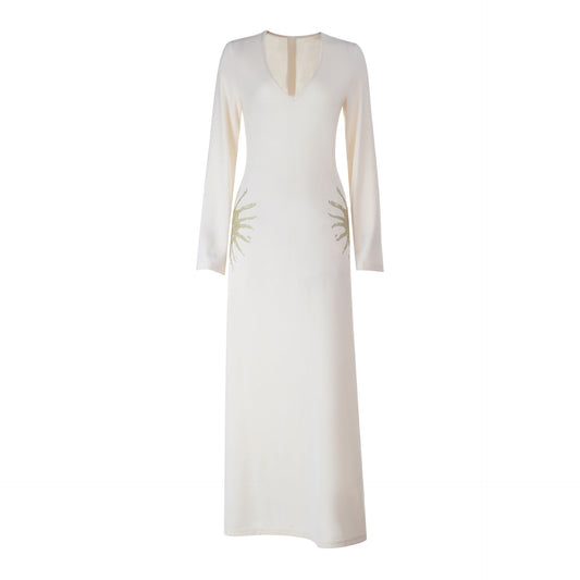 Long sleeve v neck zip-up self tie maxi dress  | Festival Outfits Women