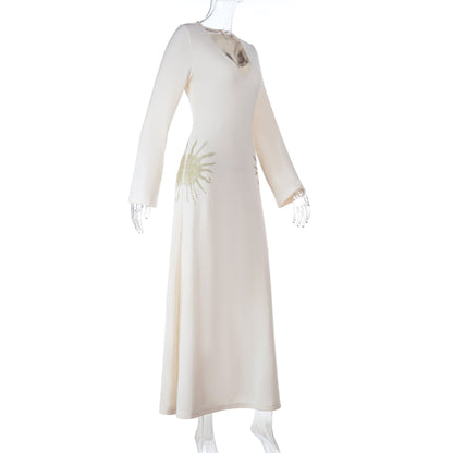 Long sleeve v neck zip-up self tie maxi dress  | Festival Outfits Women