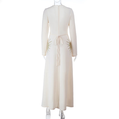 Long sleeve v neck zip-up self tie maxi dress  | Festival Outfits Women