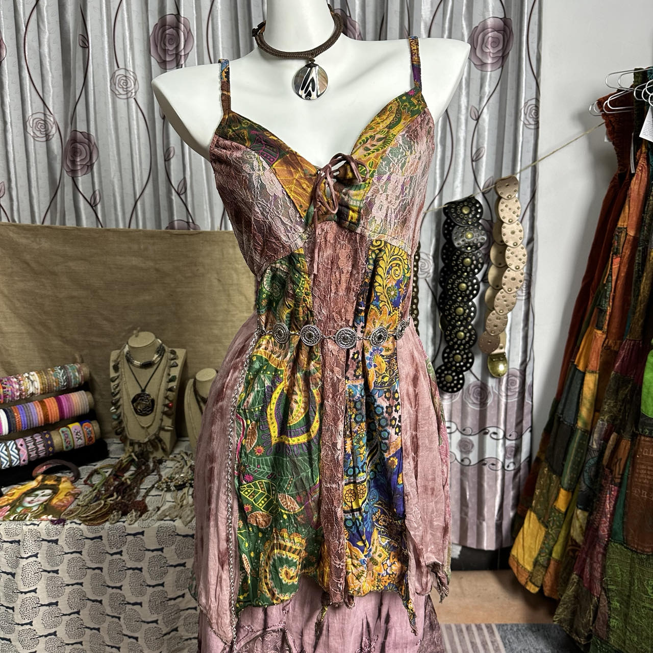 Self tie v neck print lace patchwork cami mini dress  | Festival Outfits Women