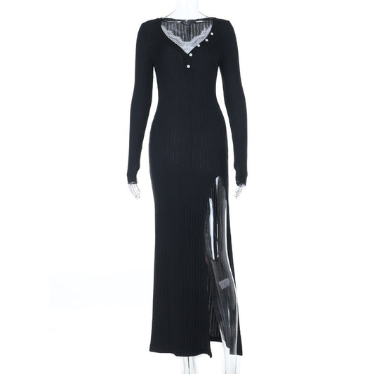 Long sleeve v neck lace hem slit maxi dress  | Festival Outfits Women