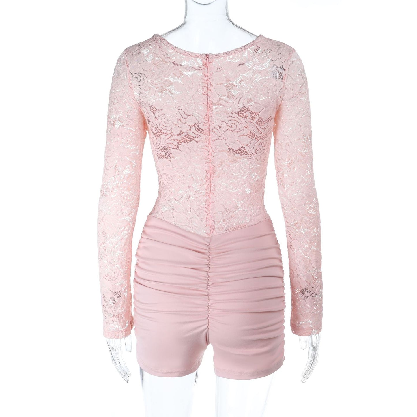 Lace long sleeve round neck ruched zip-up romper  | Festival Outfits Women