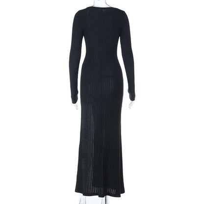 Long sleeve v neck lace hem slit maxi dress  | Festival Outfits Women