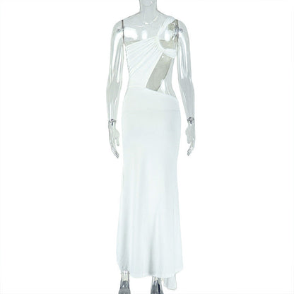 One shoulder irregular hollow out ruched cut out maxi dress  | Festival Outfits Women