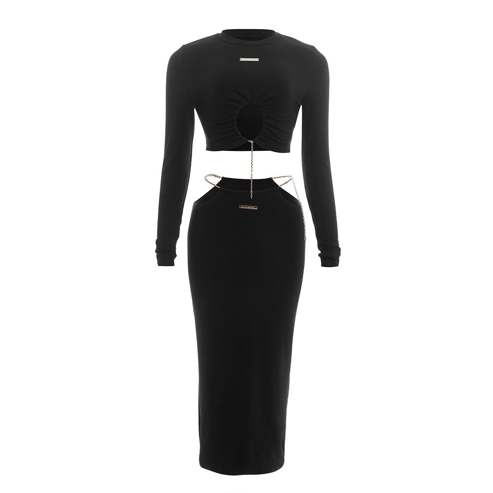 Long sleeve crewneck metal tag maxi skirt set  | Festival Outfits Women