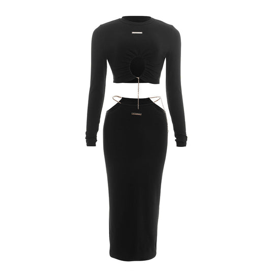 Long sleeve crewneck metal tag maxi skirt set  | Festival Outfits Women