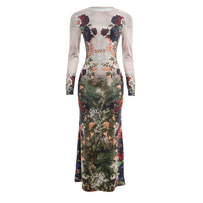 Flower print long sleeve crewneck maxi dress  | Festival Outfits Women