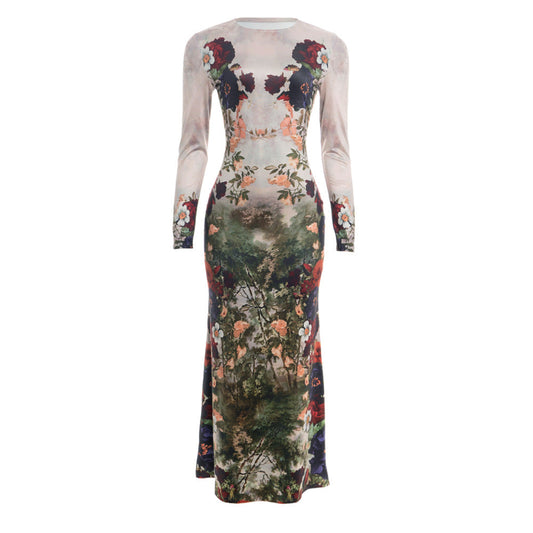 Flower print long sleeve crewneck maxi dress  | Festival Outfits Women