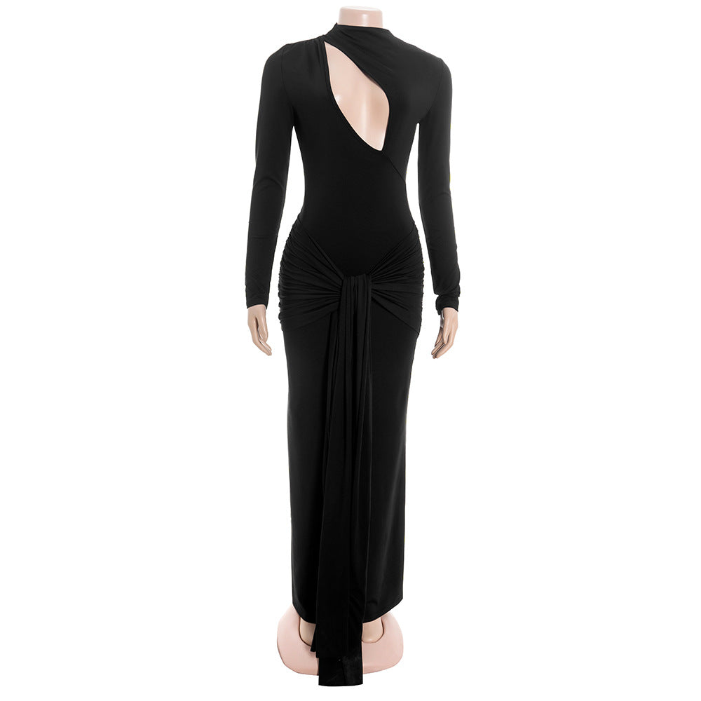 Long sleeve hollow out ruched zip-up cut out maxi dress  | Festival Outfits Women
