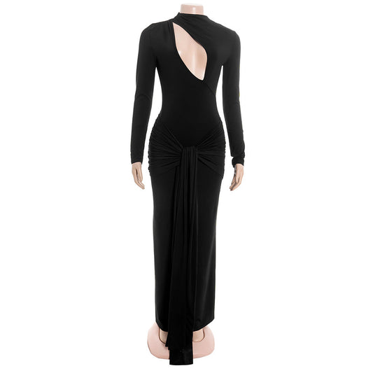 Long sleeve hollow out ruched zip-up cut out maxi dress  | Festival Outfits Women