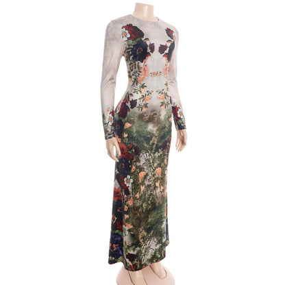 Flower print long sleeve crewneck maxi dress  | Festival Outfits Women