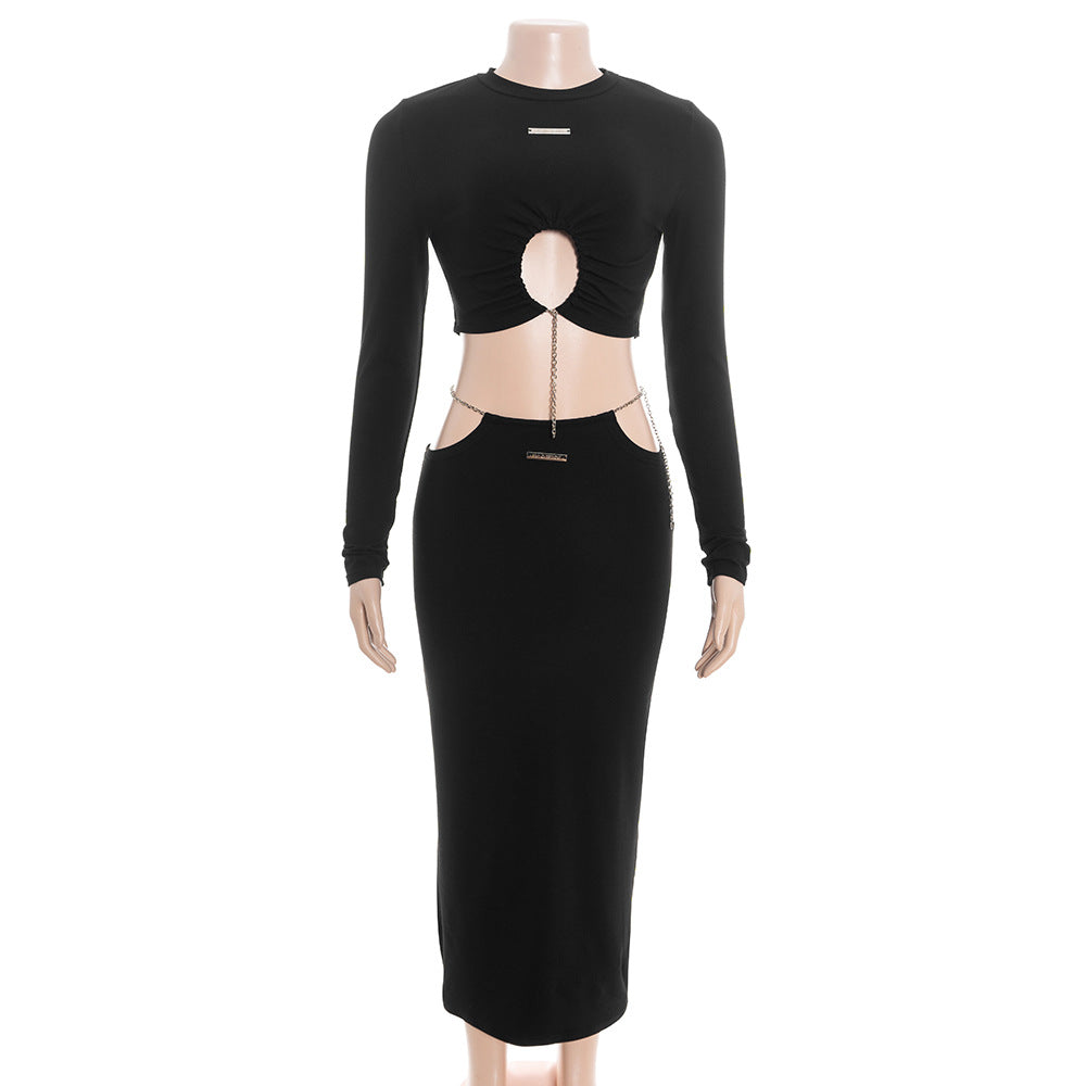 Long sleeve crewneck metal tag maxi skirt set  | Festival Outfits Women