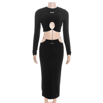Long sleeve crewneck metal tag maxi skirt set  | Festival Outfits Women