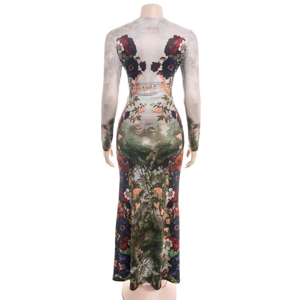 Flower print long sleeve crewneck maxi dress  | Festival Outfits Women