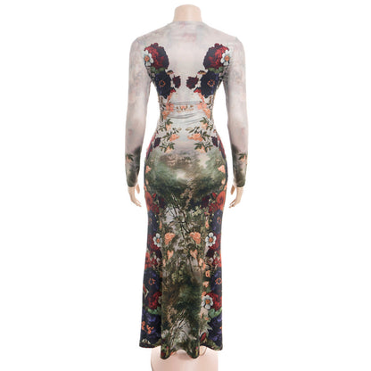 Flower print long sleeve crewneck maxi dress  | Festival Outfits Women