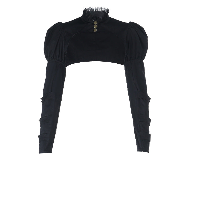 Long puff sleeve button buckle lace hem shrug top  | Festival Outfits Women