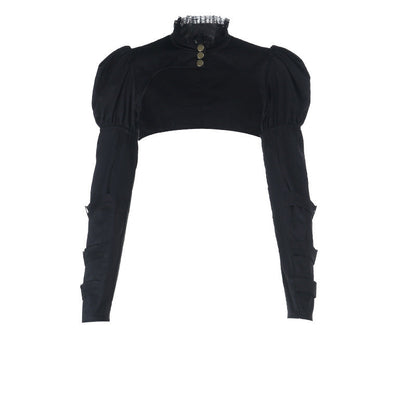 Long puff sleeve button buckle lace hem shrug top  | Festival Outfits Women
