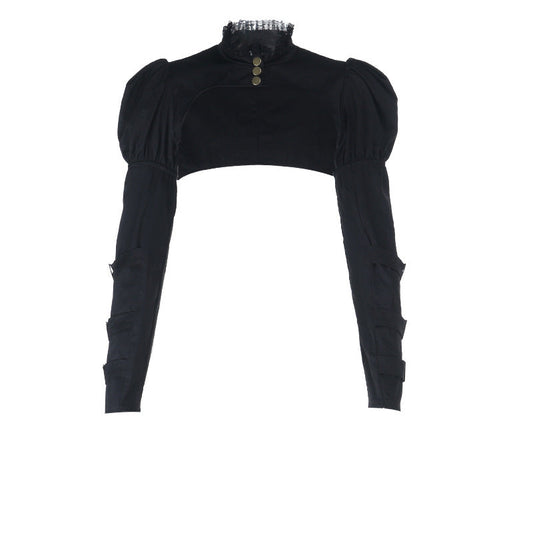 Long puff sleeve button buckle lace hem shrug top  | Festival Outfits Women