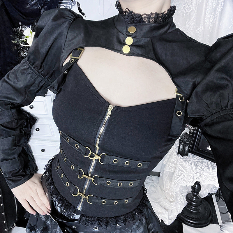 Long puff sleeve button buckle lace hem shrug top  | Festival Outfits Women