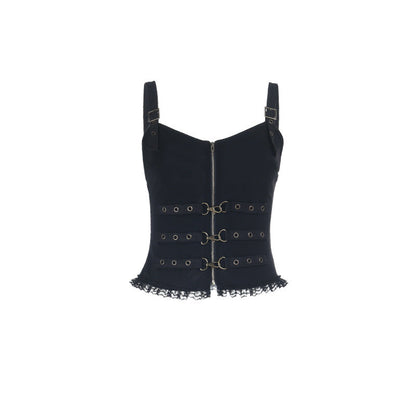 V neck zip-up buckle lace hem cami top  | Festival Outfits Women