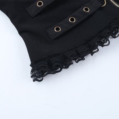 V neck zip-up buckle lace hem cami top  | Festival Outfits Women