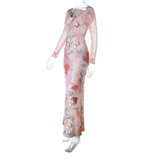 Long sleeve v neck lace hem flower print maxi dress  | Festival Outfits Women