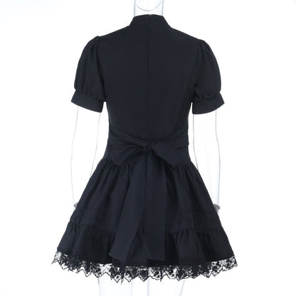 Puff sleeve high neck lace hem mini dress  | Festival Outfits Women