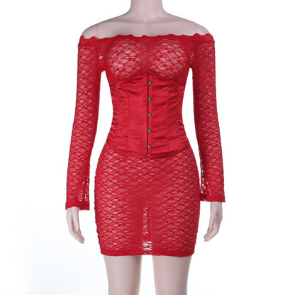 Off shoulder long sleeve lace corset lace up 2 piece mini dress  | Festival Outfits Women