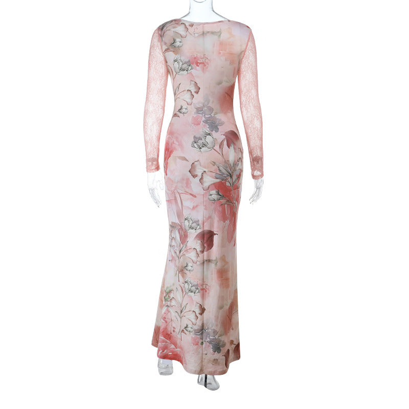 Long sleeve v neck lace hem flower print maxi dress  | Festival Outfits Women