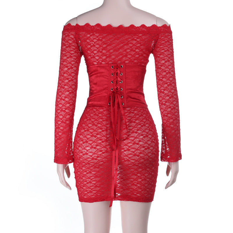 Off shoulder long sleeve lace corset lace up 2 piece mini dress  | Festival Outfits Women