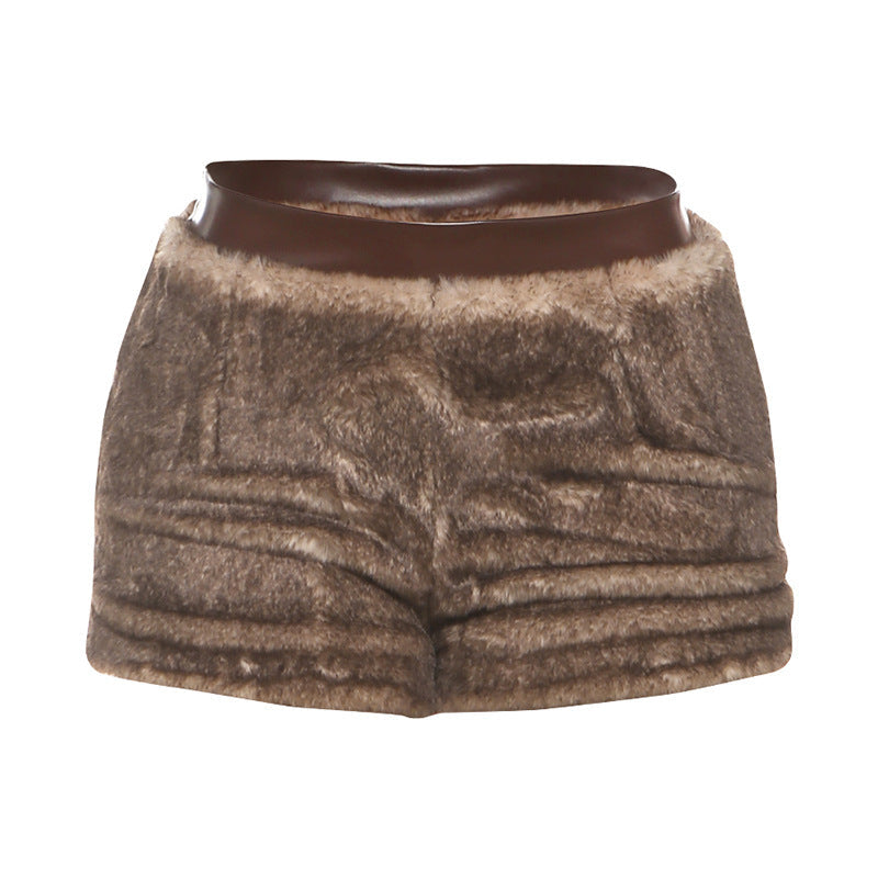 Fluffy PU leather patchwork zip-up short pant  | Festival Outfits Women
