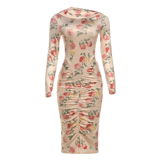 Long sleeve flower print ruched midi dress  | Festival Outfits Women