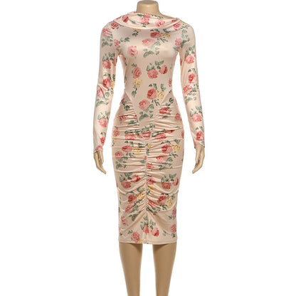 Long sleeve flower print ruched midi dress  | Festival Outfits Women