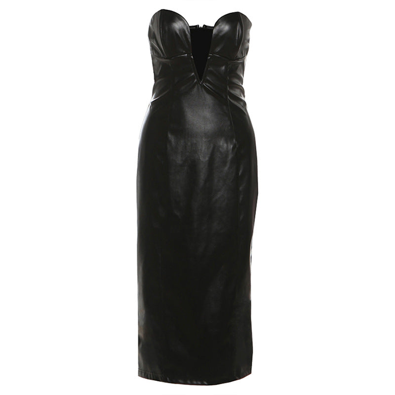PU leather v neck low cut midi dress  | Festival Outfits Women
