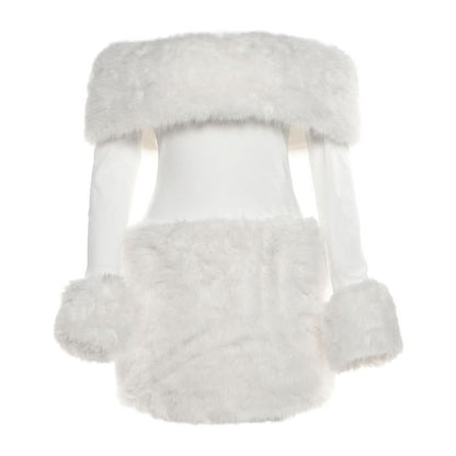 Off shoulder long sleeve fluffy mini dress  | Festival Outfits Women