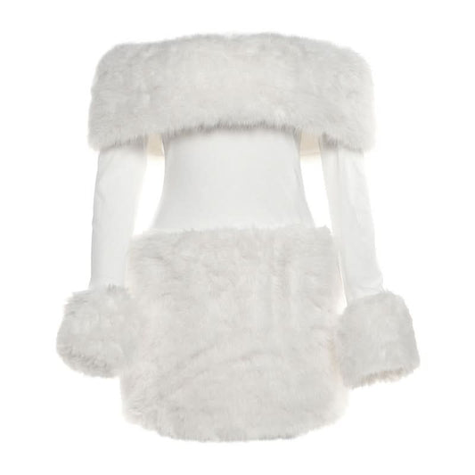 Off shoulder long sleeve fluffy mini dress  | Festival Outfits Women